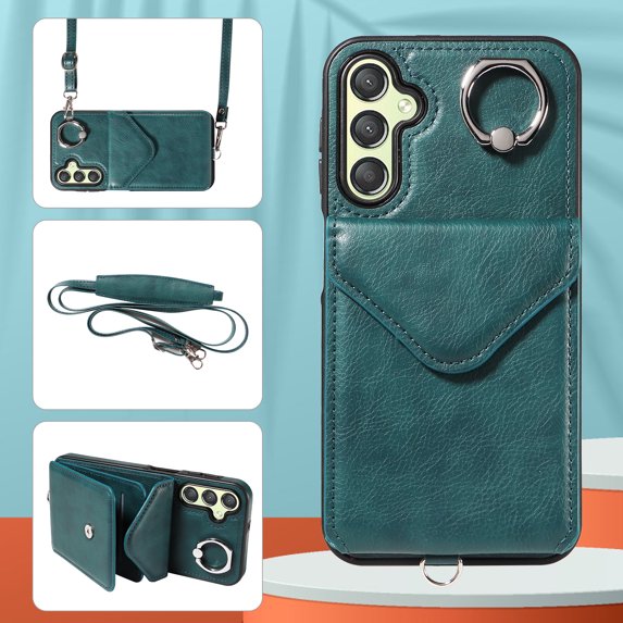 Allytech Galaxy A24 4G Case Wallet with Cards Holder & Detachable Shoulder Strap, Ring Holder Kickstand Vintage PU Leather Shockproof Wallet Case Cover for Samsung Galaxy A24 4G - Green