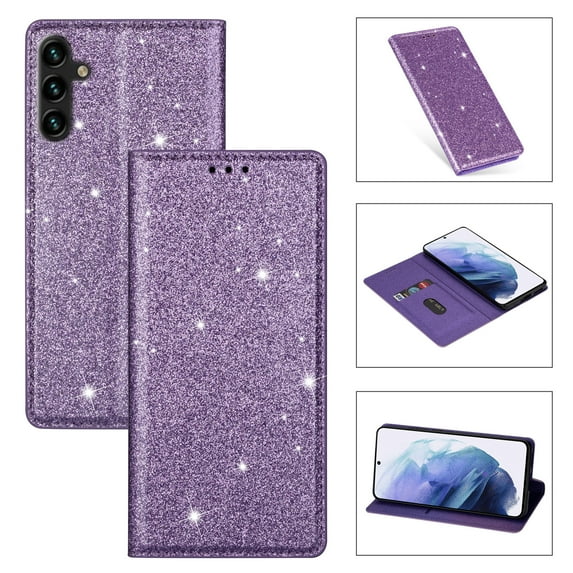 Allytech Galaxy A24 4G Wallet Case Bling Glitter Design, Slim PU Leather Cards Holder Flip Stand Cover for Girls Women Shockproof Wallet Case for Samsung Galaxy A24 4G - Purple