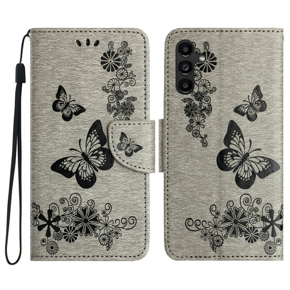 Allytech Galaxy A24 4G Wallet Case, PU Leather Butterfly Embossed Flip Folio Stand Protective Shockproof Cards Holder Hand Wrist Bumper Phone Case Cover for Samsung Galaxy A24 4G - Gray