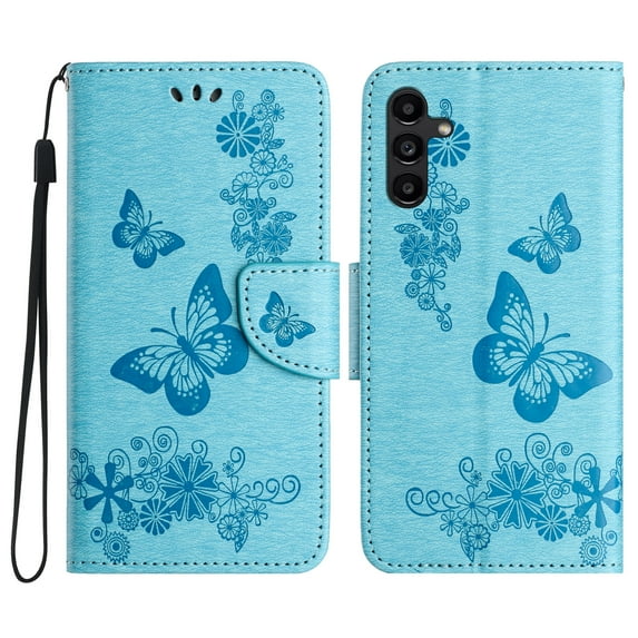 Allytech Galaxy A24 4G Wallet Case, PU Leather Butterfly Embossed Flip Folio Stand Protective Shockproof Cards Holder Hand Wrist Bumper Phone Case Cover for Samsung Galaxy A24 4G - Blue