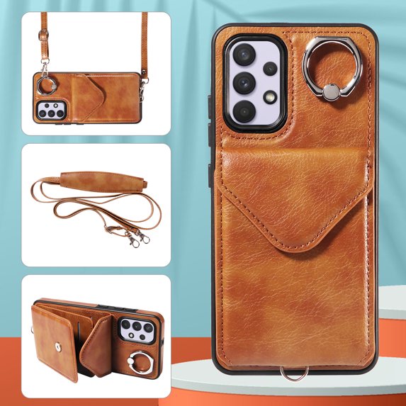 Allytech Galaxy A32 4G Case Wallet with Cards Holder & Detachable Shoulder Strap, Ring Holder Kickstand Vintage PU Leather Shockproof Wallet Case Cover for Samsung Galaxy A32 4G - Brown