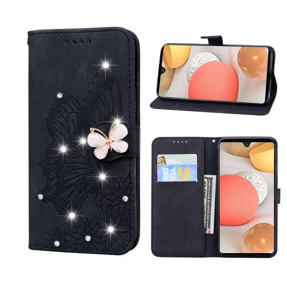 Allytech Galaxy A32 5G Case, Bling Diamond Butterfly Embossed Wallet Flip PU Leather Shockproof Magnetic Closure Card Slots Stand Case with Hand Strap for Samsung Galaxy A32 5G (6.5 inch), Black