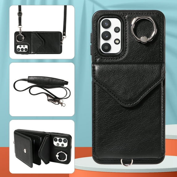Allytech Galaxy A32 5G Case Wallet with Cards Holder & Detachable Shoulder Strap, Ring Holder Kickstand Vintage PU Leather Shockproof Wallet Case Cover for Samsung Galaxy A32 5G - Black