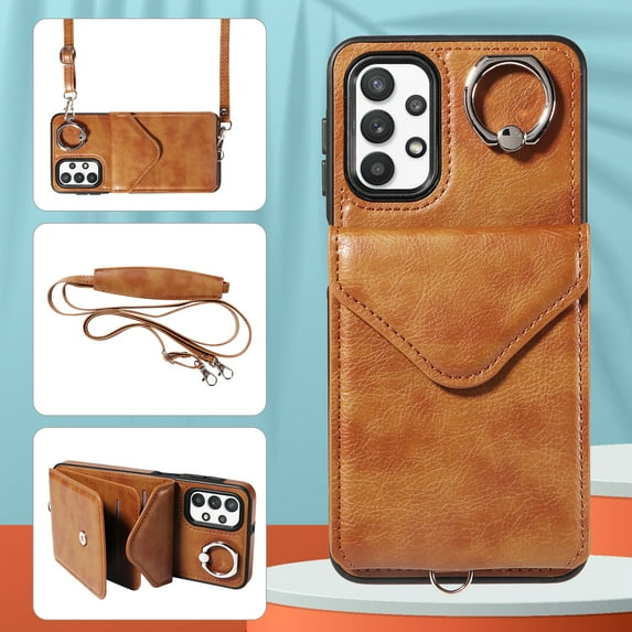 Allytech Galaxy A32 5G Case Wallet with Cards Holder & Detachable Shoulder Strap, Ring Holder Kickstand Vintage PU Leather Shockproof Wallet Case Cover for Samsung Galaxy A32 5G - Brown