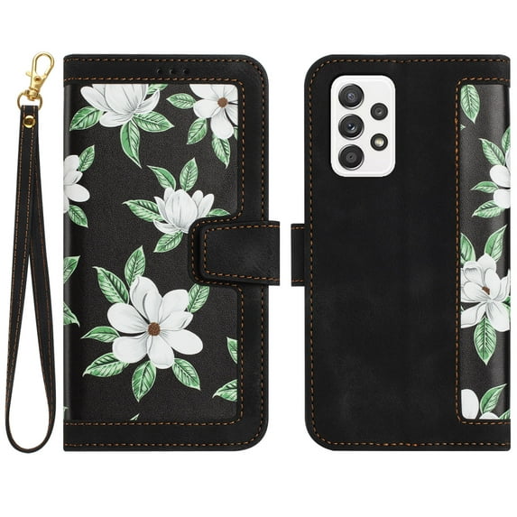 Allytech Galaxy A32 5G Wallet Case Cover, Flower Pattern PU Leather Shoulder Strap Hand Wrist Flip Cover for Girls Women Stand Protective Wallet Case for Samsung Galaxy A32 5G - Black
