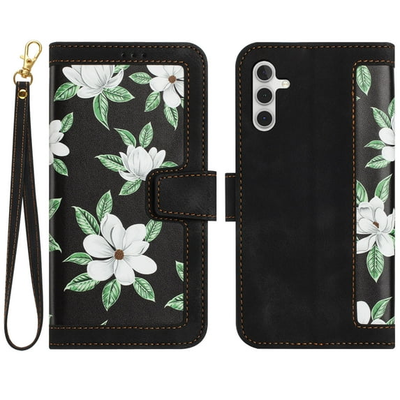 Allytech Galaxy A34 5G Wallet Case Cover, Flower Pattern PU Leather Shoulder Strap Hand Wrist Flip Cover for Girls Women Stand Protective Wallet Case for Samsung Galaxy A34 5G - Black