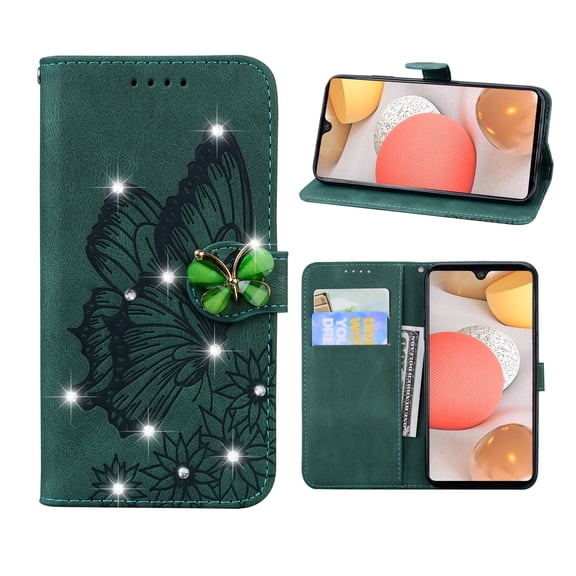 Allytech Galaxy A42 5G Case, Bling Diamond Butterfly Embossed Wallet Flip PU Leather Shockproof Magnetic Closure Card Slots Stand Case with Hand Strap for Samsung Galaxy A42 5G (6.6 inch), Green