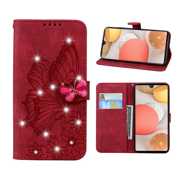 Allytech Galaxy A42 5G Case, Bling Diamond Butterfly Embossed Wallet Flip PU Leather Shockproof Magnetic Closure Card Slots Stand Case with Hand Strap for Samsung Galaxy A42 5G (6.6 inch), Red