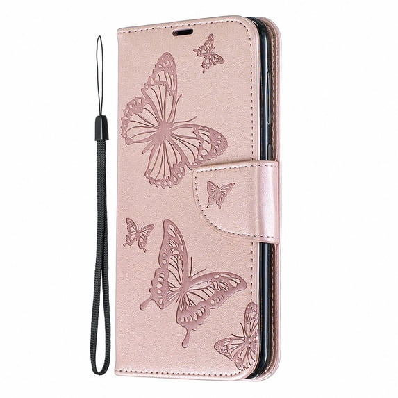 Allytech Galaxy A50 Case, Slim Fit PU Leather Folio Butterfly Embossed Shockproof Wrist Hand Strap Flip Cards Holder Wallet Case TPU Back Cover for Samsung Galaxy A50, Pink