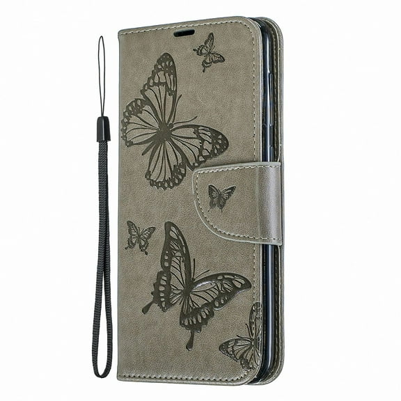 Allytech Galaxy A50 Case, Slim Fit PU Leather Folio Butterfly Embossed Shockproof Wrist Hand Strap Flip Cards Holder Wallet Case TPU Back Cover for Samsung Galaxy A50, Gray
