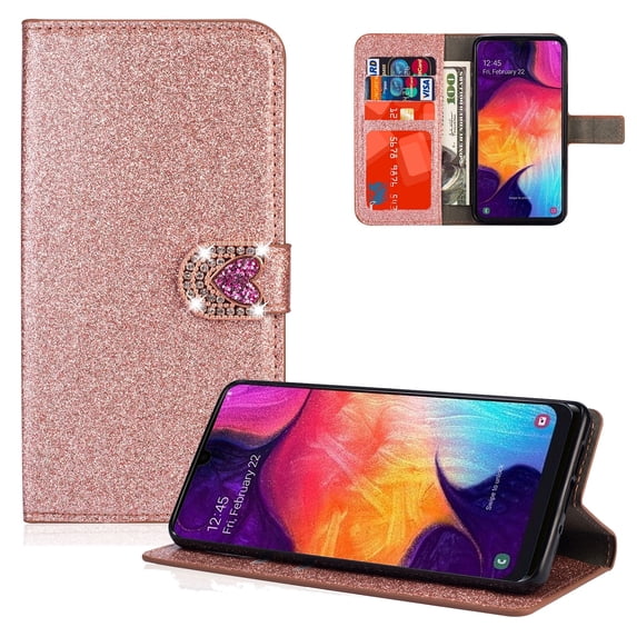 Allytech Galaxy A50 Wallet Case for Girls Women, PU Leather Glitter Stand Folio Flip Cards Slots Full Protective Shockproof Book Style Wallet Cases Covers for Samsung Galaxy A50 2019,Rosegold