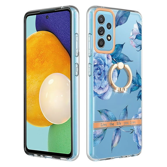 Allytech Galaxy A52 4G/5G Case Cover, Soft TPU Back Cover with Ring Holder Stand Shockproof Anti-Scratch Slim Fit Bumper Phone Case for Samsung Galaxy A52 4G/5G, Blue Flower