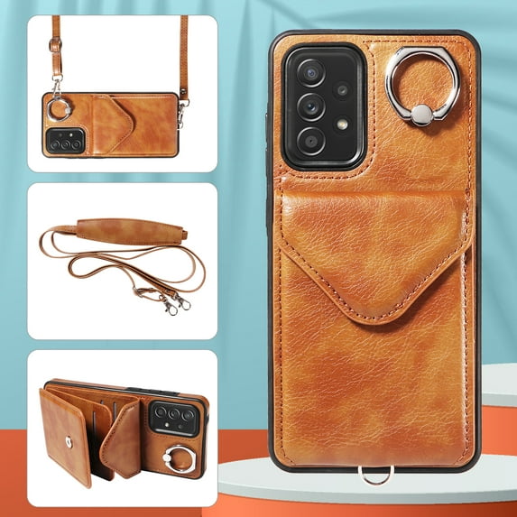 Allytech Galaxy A52 4G/5G Case Wallet with Cards Holder & Detachable Shoulder Strap, Ring Holder Kickstand Vintage PU Leather Shockproof Wallet Case Cover for Samsung Galaxy A52 4G/5G - Brown