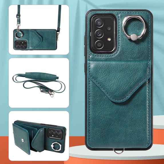 Allytech Galaxy A52 4G/5G Case Wallet with Cards Holder & Detachable Shoulder Strap, Ring Holder Kickstand Vintage PU Leather Shockproof Wallet Case Cover for Samsung Galaxy A52 4G/5G - Green