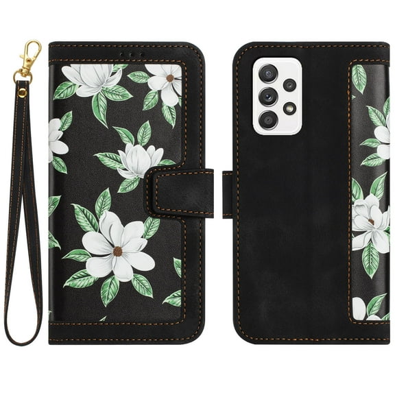 Allytech Galaxy A53 5G Wallet Case Cover, Flower Pattern PU Leather Shoulder Strap Hand Wrist Flip Cover for Girls Women Stand Protective Wallet Case for Samsung Galaxy A53 5G - Black