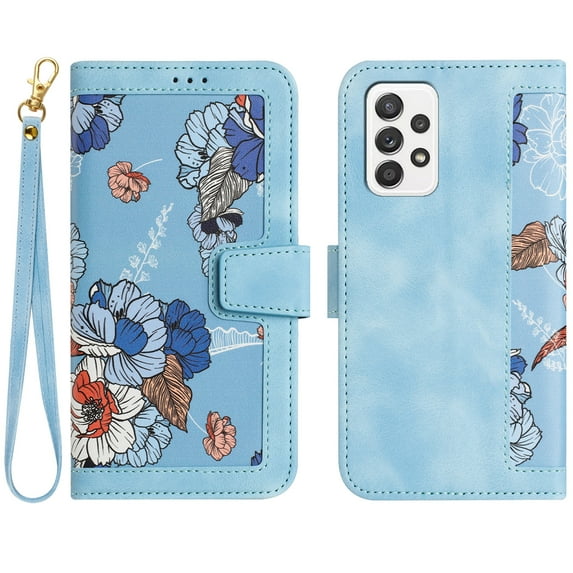 Allytech Galaxy A53 5G Wallet Case Cover, Flower Pattern PU Leather Shoulder Strap Hand Wrist Flip Cover for Girls Women Stand Protective Wallet Case for Samsung Galaxy A53 5G - Blue