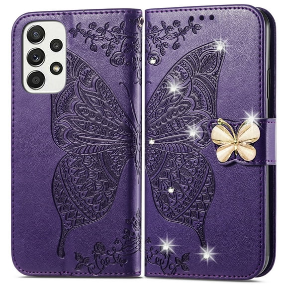 Allytech Galaxy A53 5G Wallet Case, Samsung A53 5G Case 6.5", PU Leather Bling Glitter Sparkle Butterfly Flip Folio Stand Shockprof Anti-scratch Cards Slots Wrist Strap Shell Cover - Purple