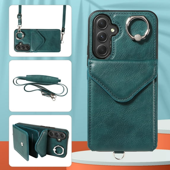 Allytech Galaxy A54 5G Case Wallet with Cards Holder & Detachable Shoulder Strap, Ring Holder Kickstand Vintage PU Leather Shockproof Wallet Case Cover for Samsung Galaxy A54 5G - Green