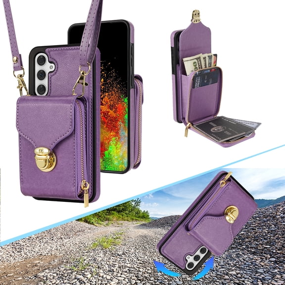 Allytech Galaxy A54 5G Case, With Zipper Cash Pocket Crossbody Shoulder Strap Cards Holder Stand Premium PU Leather Folio Flip Wallet Case Cover for Samsung Galaxy A54 5G - Purple