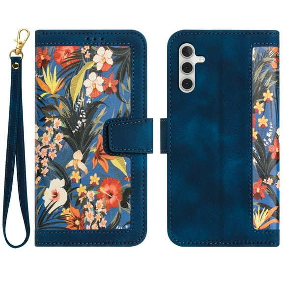 Allytech Galaxy A54 5G Wallet Case Cover, Flower Pattern PU Leather Shoulder Strap Hand Wrist Flip Cover for Girls Women Stand Protective Wallet Case for Samsung Galaxy A54 5G - Darkblue
