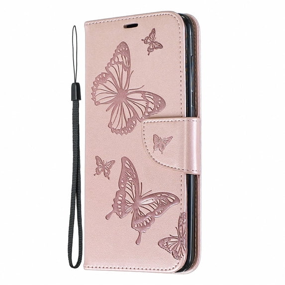 Allytech Galaxy A70 Case, Slim Fit PU Leather Folio Butterfly Embossed Shockproof Wrist Hand Strap Flip Cards Holder Wallet Case TPU Back Cover for Samsung Galaxy A70, Pink