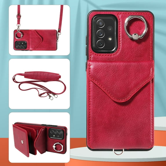 Allytech Galaxy A72 Case Wallet with Cards Holder & Detachable Shoulder Strap, Ring Holder Kickstand Vintage PU Leather Shockproof Wallet Case Cover for Samsung Galaxy A72 - Red