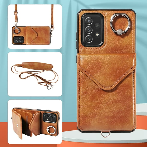 Allytech Galaxy A73 5G Case Wallet with Cards Holder & Detachable Shoulder Strap, Ring Holder Kickstand Vintage PU Leather Shockproof Wallet Case Cover for Samsung Galaxy A73 5G - Brown
