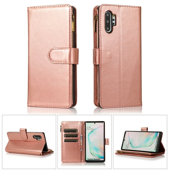 Allytech Galaxy Note 10+ Case, Note 10 Plus Case,PU Leather Zipper Wallet Case 9 Cards Holder Hand Wrist Strap Stand Shockproof Protective Flip Case Cover for Samsung Galaxy Note 10 Plus 6.8" -Rosegol