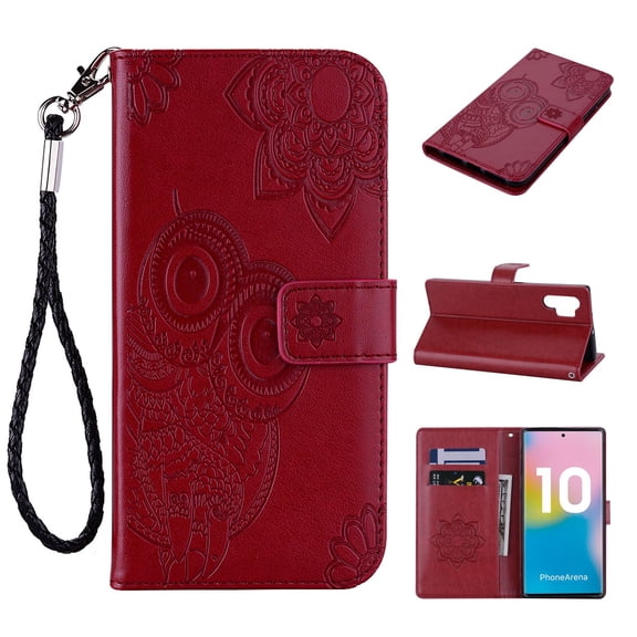 Allytech Galaxy Note 10 Plus Case, Note10+ 5G Case, Premium PU Leather Owl Mandala Embossed Strap Folio Stand Shockproof Cards Holder Wallet Cases Covers for Samsung Galaxy Note 10 Plus, Winered