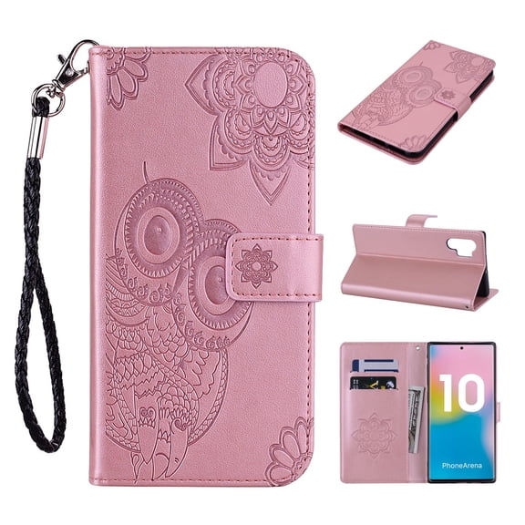 Allytech Galaxy Note 10 Plus Case, Note10+ 5G Case, Premium PU Leather Owl Mandala Embossed Strap Folio Stand Shockproof Cards Holder Wallet Cases Covers for Samsung Galaxy Note 10 Plus, Rosegold
