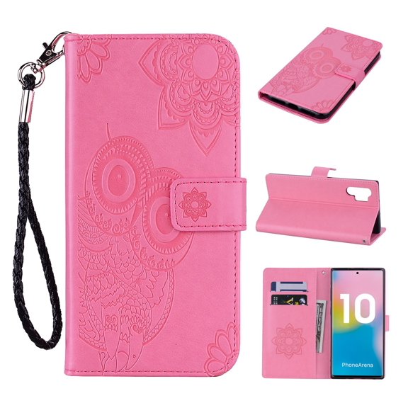 Allytech Galaxy Note 10 Plus Case, Note10+ 5G Case, Premium PU Leather Owl Mandala Embossed Strap Folio Stand Shockproof Cards Holder Wallet Cases Covers for Samsung Galaxy Note 10 Plus, Pink