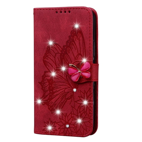 Allytech Galaxy Note 20 Case(6.7"), PU Leather Magnetic Bling Diamonds Embossed Butterfly Case with Card Slots Flip Stand Hand Strap Cover SmartPhone Case for Samsung Galaxy Note 20 5G 6.7" 2020, Red