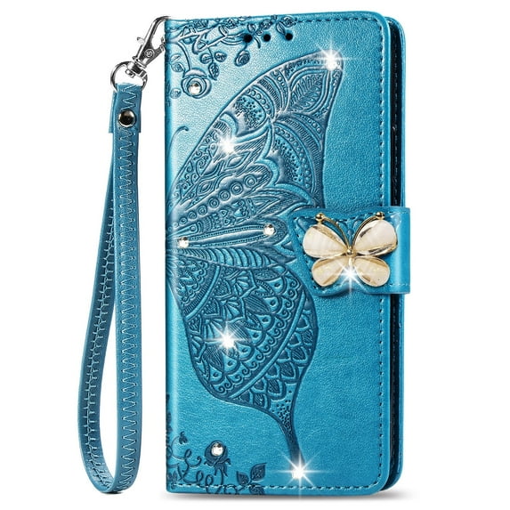 Allytech Galaxy Note 20 Case with Shiny Rhinestone, Shockproof PU Leather Retro 3D Butterfly Embossed Wallet Flip Case Magnetic Stand with Card Slot Folio Cover for Samsung Galaxy Note 20,Blue