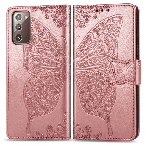 Allytech Galaxy Note 20 Case, Shockproof PU Leather Retro 3D Big Butterfly Embossed Wallet Flip Case Magnetic Stand with Card Slot Folio Cover for Samsung Galaxy Note 20, Rosegold