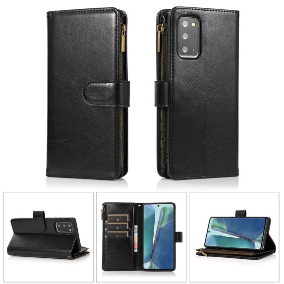 Allytech Galaxy Note20 Case, PU Leather Zipper Wallet Case 9 Cards Holder Hand Wrist Strap Stand Shockproof Protective Flip Case Cover for Samsung Galaxy Note20 6.7" 5G - Black