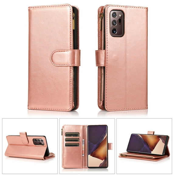 Allytech Galaxy Note20 Ultra 5G Case, PU Leather Zipper Wallet Case 9 Cards Holder Hand Wrist Strap Stand Shockproof Protective Flip Case Cover for Samsung Note20 Ultra 6.9" - Rosegold