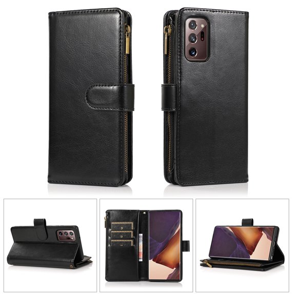 Allytech Galaxy Note20 Ultra 5G Case, PU Leather Zipper Wallet Case 9 Cards Holder Hand Wrist Strap Stand Shockproof Protective Flip Case Cover for Samsung Note20 Ultra 6.9" - Black