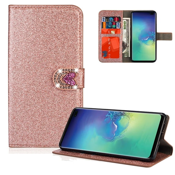 Allytech Galaxy S10 5G Case ONLY (Not for S10/S10e/S10+), Glitter PU Leather Folio Flip Magnetic Closure Stand Feature Cards Slots Wallet Cases Covers for Samsung Galaxy S10 5G, Rosegold