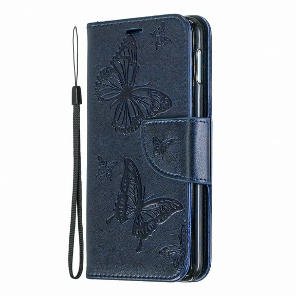 Allytech Galaxy S10e Case, Slim Fit PU Leather Folio Butterfly Embossed Shockproof Wrist Hand Strap Flip Cards Holder Wallet Case TPU Back Cover for Samsung Galaxy S10e, Blue