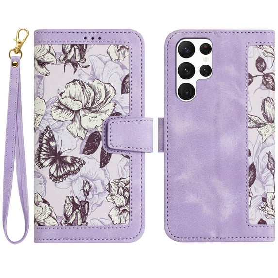 Allytech Galaxy S2 Ultra Wallet Case Cover, Slower Pattern PU Leather Shoulder Strap Hand Wrist Flip Cover for Girls Women Stand Protective Wallet Case for Samsung Galaxy S23 Ultra - Purple