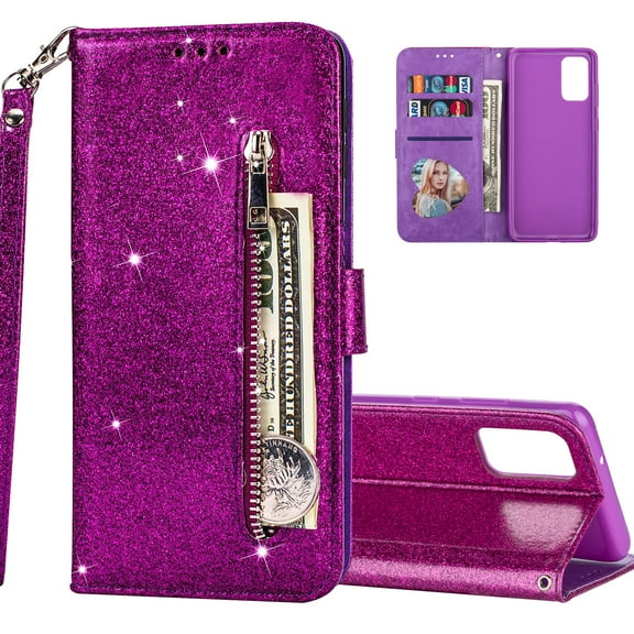 Allytech Galaxy S20+ 5G Case Wallet, Slim Glitter Bling PU Leather Zipper Pocket Purse Cover Wrist Strap Magnetic Closure Shockproof Girls Women Case Cover for Samsung Galaxy S20 Plus 6.7",Purple