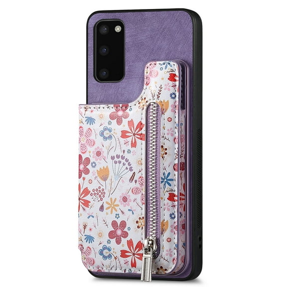 Allytech Galaxy S20 FE Case with Zipper Pocket & Cards Holder, Floral Slim Wallet Case for Girls Women Shockproof Stand Compatible with Car Mount Phone Case for Samsung Galaxy S20 FE -Purple