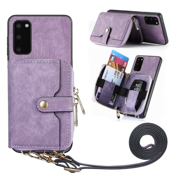 Allytech Galaxy S20 FE Wallet Case with Crossbody Strap, Vintage PU Leather Large Zipper Pocket Cards Slots Stand Shockproof Wallet Case Cover for Samsung Galaxy S20 FE - Purple