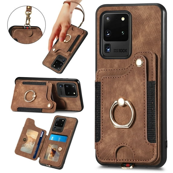 Allytech Galaxy S20 Ultra 5G Case Wallet, RFID Blocking Multiple Cards Slots Ring Holder Stand Shockproof Protective Hand Wrist Wallet Case Cover for Samsung Galaxy S20 Ultra - Brown
