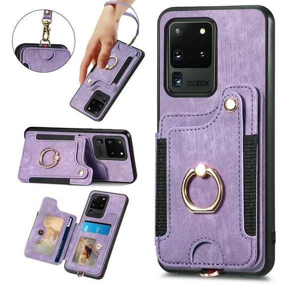 Allytech Galaxy S20 Ultra 5G Case Wallet, RFID Blocking Multiple Cards Slots Ring Holder Stand Shockproof Protective Hand Wrist Wallet Case Cover for Samsung Galaxy S20 Ultra - Purple