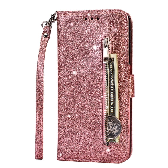 Allytech Galaxy S20 Ultra 5G Case Wallet, Slim Glitter Bling PU Leather Zipper Pocket Purse Cover with Wrist Strap Magnetic Closure Shockproof Case Cover for Samsung Galaxy S20 Ultra 6.9",Rosegold
