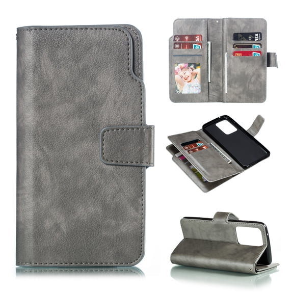Allytech Galaxy S20 Ultra Case 6.9", Premium PU Leather 9 Cards Slots Book Style Magnetic Clasp Pocket Purse Folio Flip Kickstand Shockproof Cover for Samsung Galaxy S20 Ultra,Gray