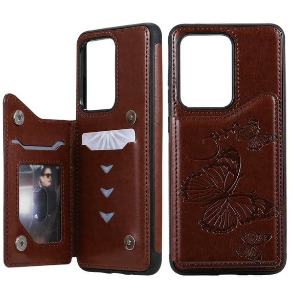 Allytech Galaxy S20 Ultra Case 6.9", S20 Ultra Wallet Case, Slim Fit Butterfly Embossed PU Leather Shockproof Full Protection Cards Slots Back Cover Shell for Samsung Galaxy S20 Ultra, Brown