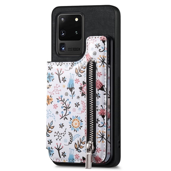 Allytech Galaxy S20 Ultra Case with Zipper Pocket & Cards Holder, Floral Slim Wallet Case for Girls Women Shockproof Stand Compatible with Car Mount Phone Case for Samsung Galaxy S20 Ultra -Black