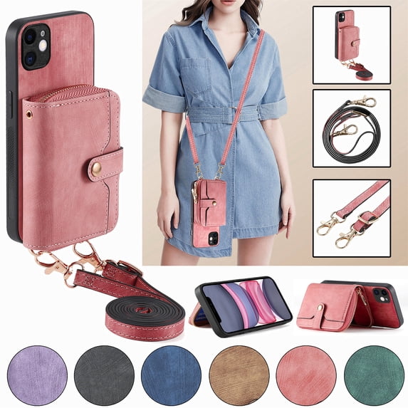 Allytech Galaxy S20 Wallet Case with Crossbody Strap, Vintage PU Leather Large Zipper Pocket Cards Slots Stand Shockproof Wallet Case Cover for Samsung Galaxy S20 - Pink